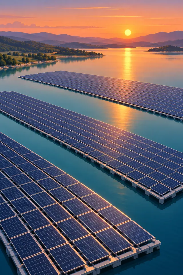 Painéis solares flutuantes em um lago, com reflexos dourados do pôr do sol e montanhas ao fundo.
