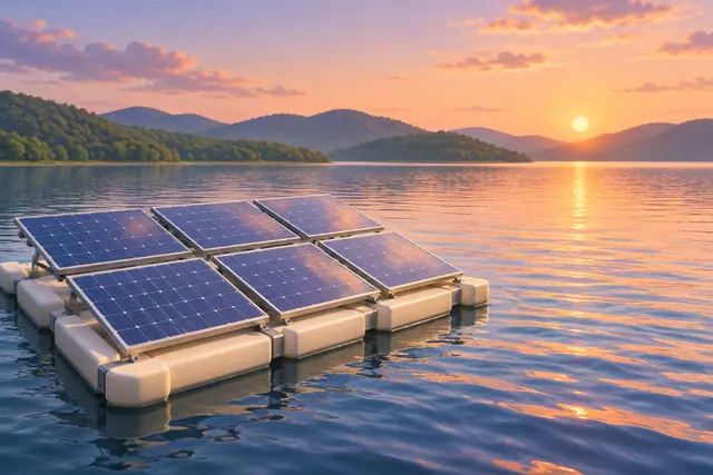 Seis painéis solares em plataforma flutuante sobre lago, com morros verdes e reflexos do pôr do sol.