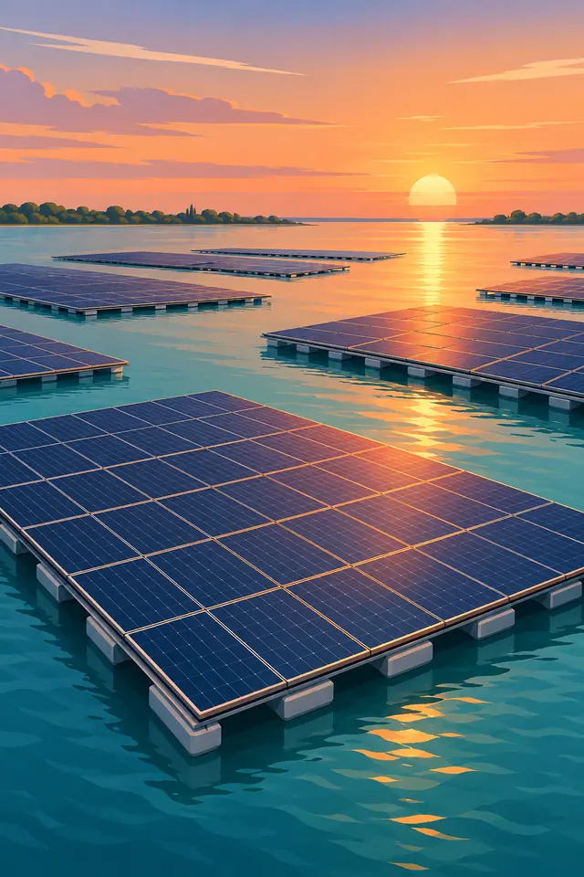 Ilustração de painéis solares flutuantes em águas turquesa com reflexos dourados do pôr do sol.