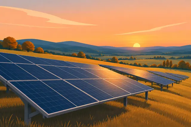 Ilustração de painéis solares azuis em campo dourado, com árvores e colinas ao pôr do sol.