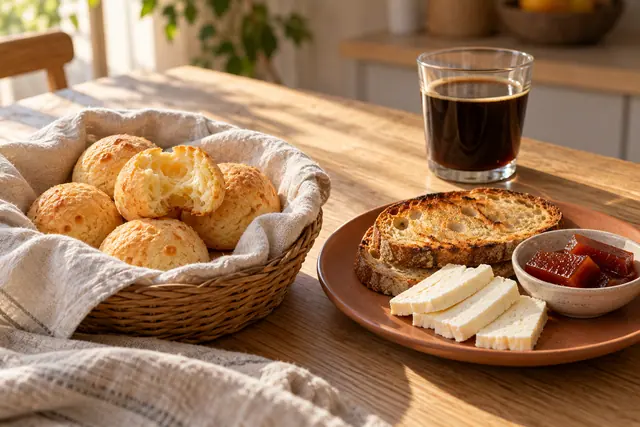 Cesta de pães de queijo, torradas, queijo branco, goiabada e café preto sobre mesa de madeira ao sol da manhã.