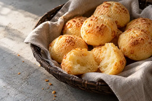 Cesta com pães de queijo dourados e um pão partido sobre linho bege, iluminados pelo sol em bancada de pedra.