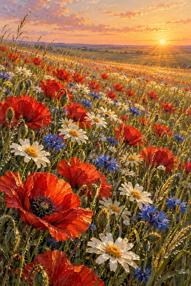 Pintura a óleo de um campo com papoulas vermelhas, margaridas e flores azuis sob a luz dourada do amanhecer.