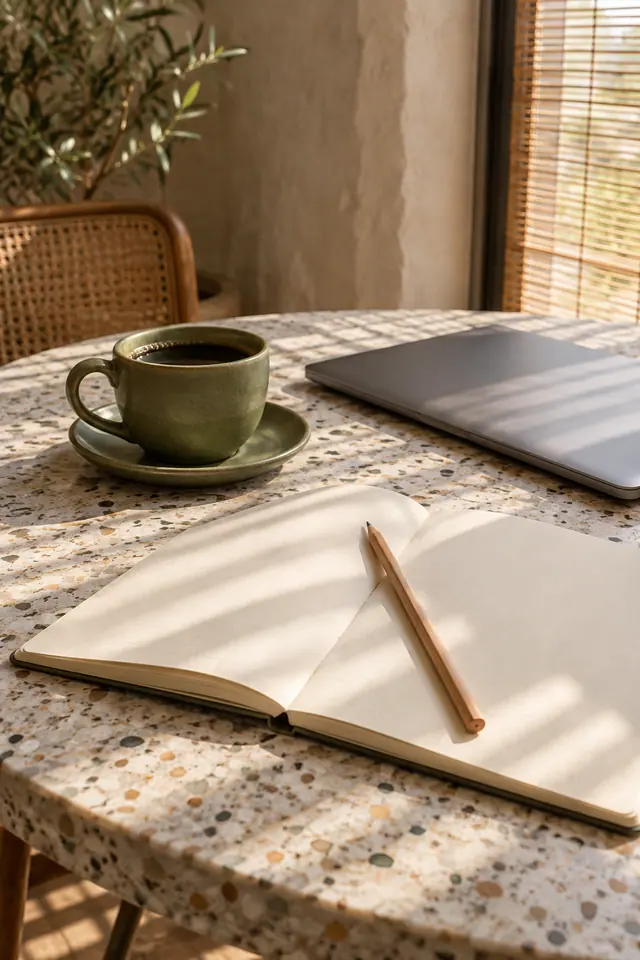 Caderno aberto com lápis, café em xícara verde e notebook fechado sobre mesa de granilite iluminada pela janela.