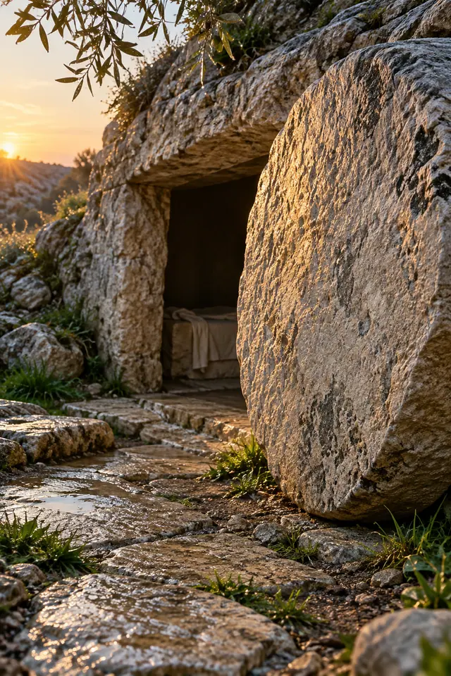 Sepulcro aberto com pedra circular afastada, tecido claro no interior e caminho úmido iluminado pelo amanhecer.
