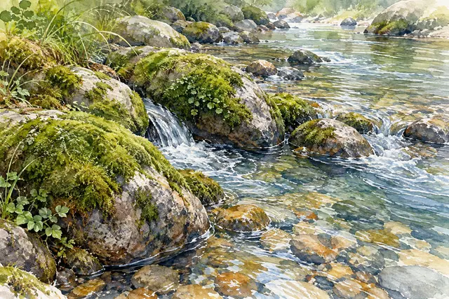 Aquarela de um riacho cristalino com pedras cobertas de musgo, pequenas quedas d’água e seixos no fundo.