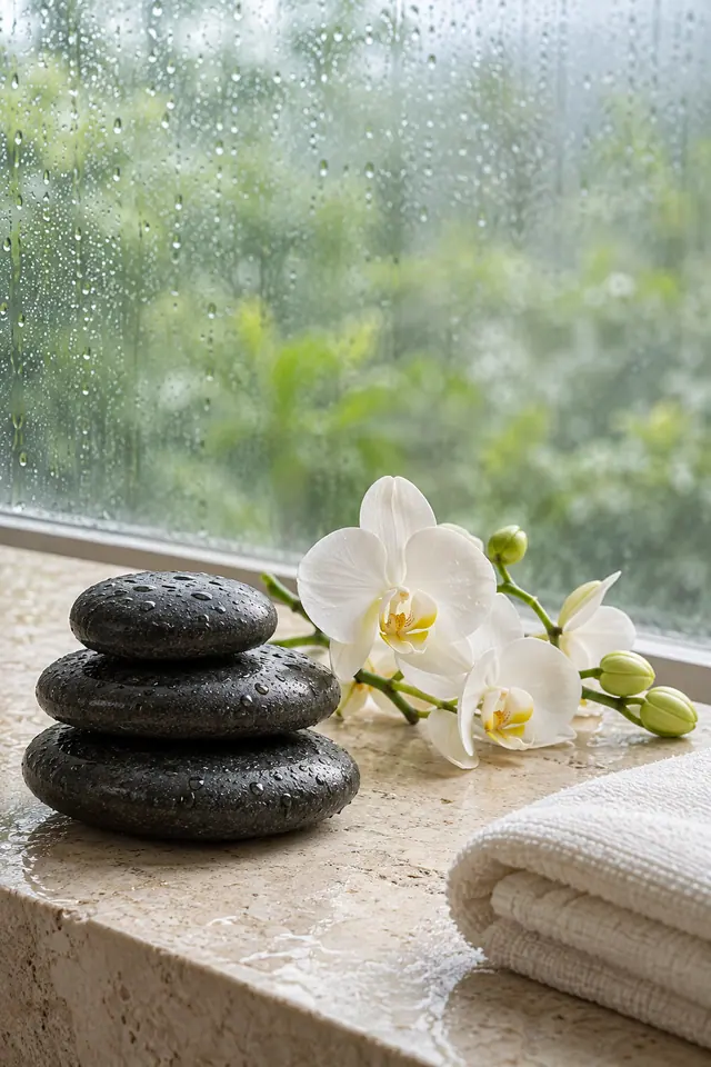 Pedras de spa empilhadas, orquídeas brancas e toalha sobre bancada clara diante de uma janela com gotas de chuva.