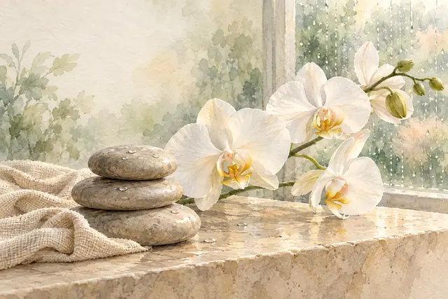 Aquarela de três pedras de spa, orquídeas brancas e linho sobre um peitoril diante de uma janela com chuva.