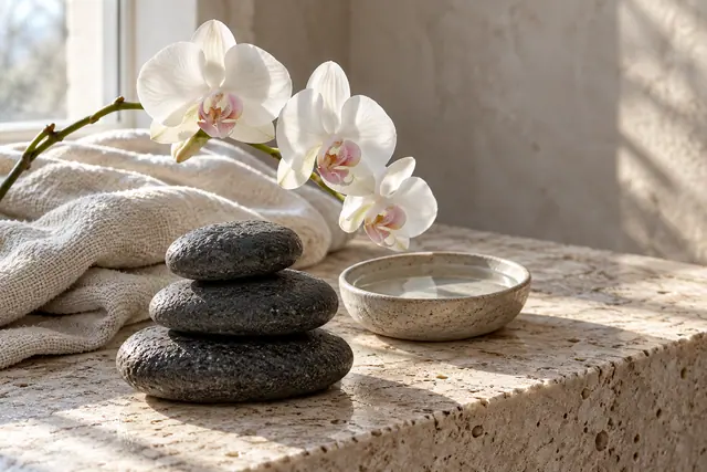 Três pedras de spa empilhadas junto a orquídeas brancas, toalha e tigela de água sobre travertino à luz da janela.