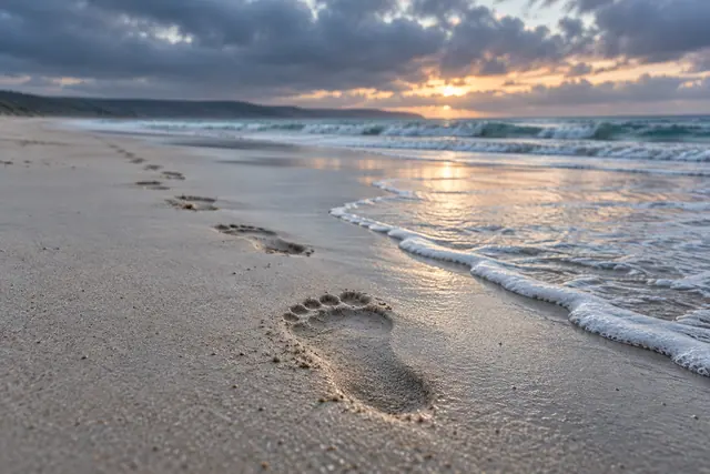 Pegadas na areia clara de uma praia vazia, com espuma do mar e luz do amanhecer entre nuvens.