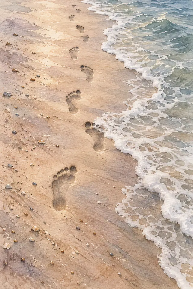 Aquarela de pegadas na areia úmida, com pequenas pedras e conchas ao lado da espuma do mar azul-esverdeado.
