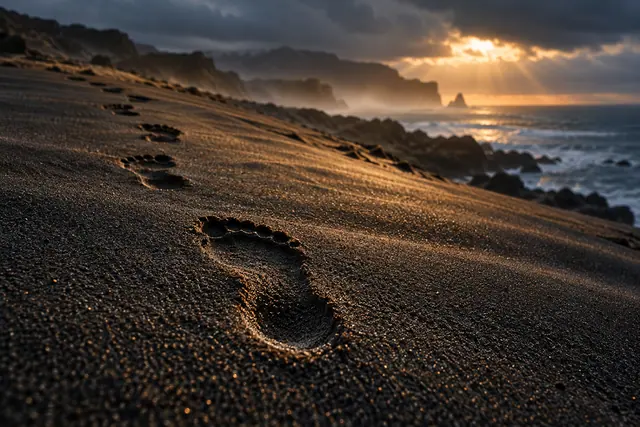 Pegadas na areia negra iluminadas pelo sol entre nuvens escuras, com mar e falésias ao fundo.