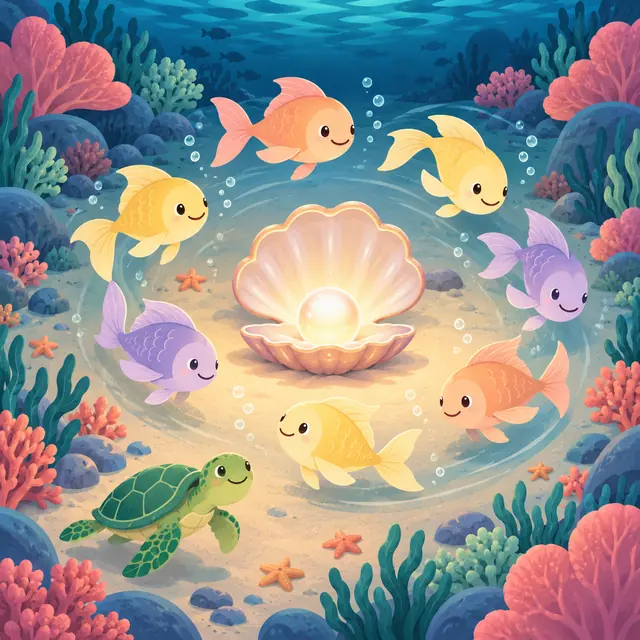 Peixinhos sorridentes e uma tartaruga cercam uma concha com pérola luminosa entre corais e estrelas-do-mar.