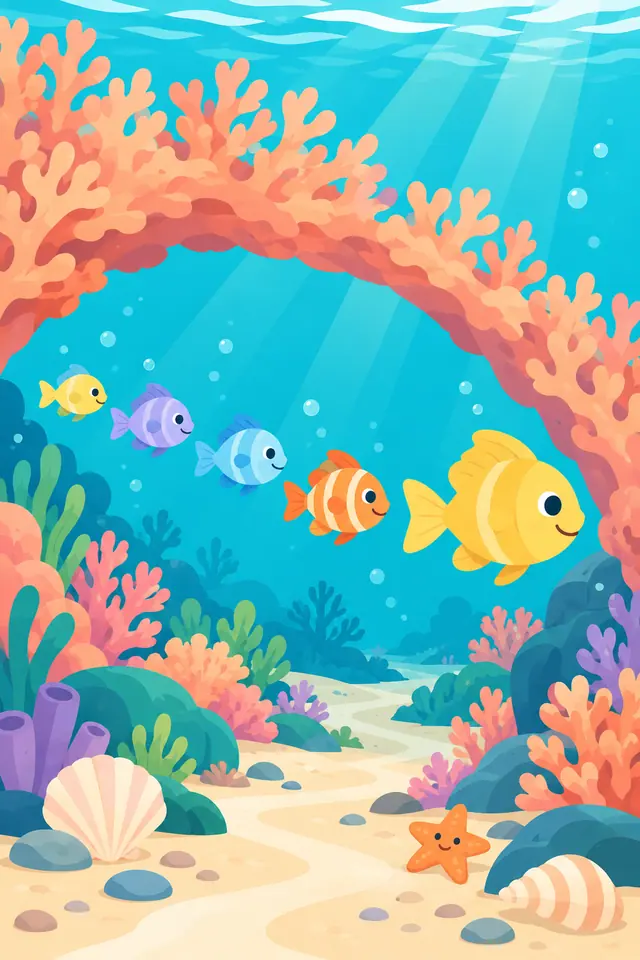 Cinco peixinhos sorridentes nadam sob um arco de corais, com conchas e uma estrela-do-mar no fundo de areia.