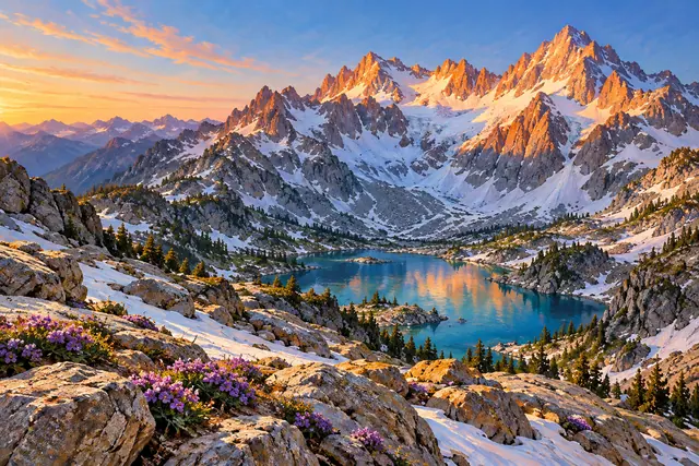 Pintura de montanhas nevadas ao amanhecer, com lago azul, rochas e flores violetas em primeiro plano.