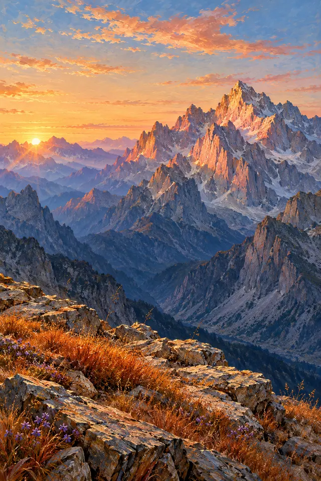 Pintura de montanhas rochosas ao nascer do sol, com vales azulados, capins dourados e flores violetas em primeiro plano.