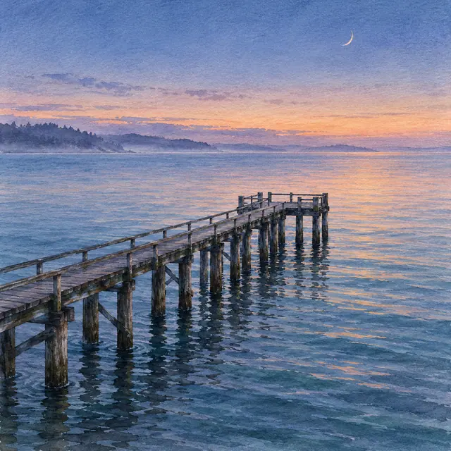 Aquarela de píer de madeira sobre mar calmo, com reflexos, costa enevoada e lua crescente no céu do crepúsculo.
