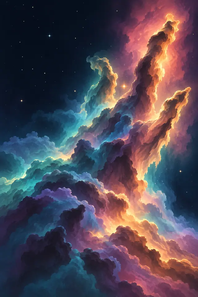 Nebulosa com pilares azuis e violetas, bordas douradas e brilho rosa em um fundo escuro pontilhado de estrelas.