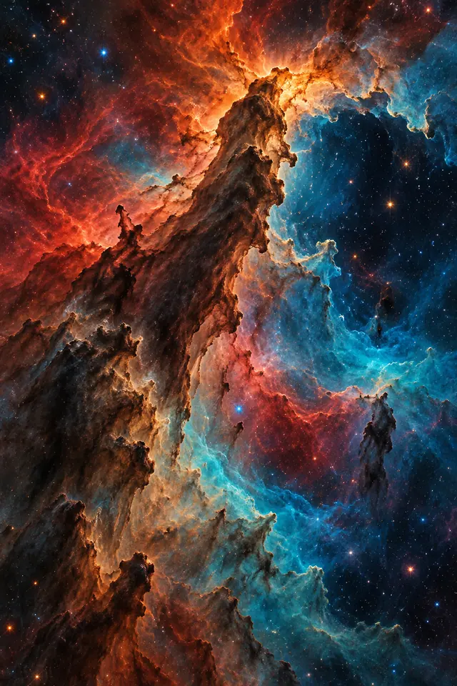 Pilares de poeira escura cercados por nuvens azuis, vermelhas e alaranjadas e estrelas em uma nebulosa.