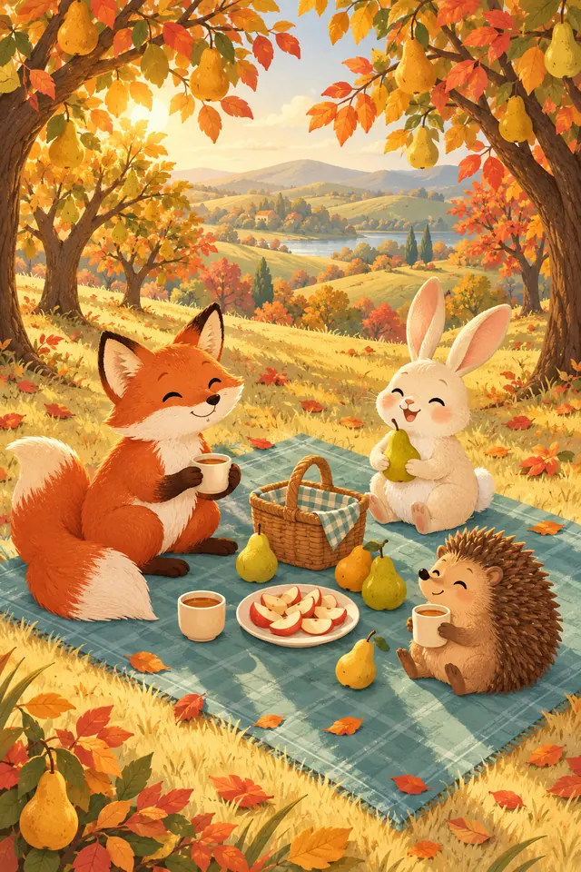 Raposa, coelho e ouriço fazem piquenique com frutas em uma manta azul, sob pereiras com folhas de outono.