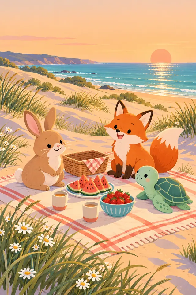 Coelho, raposa e tartaruga fazem piquenique com frutas nas dunas, diante do mar ao pôr do sol.