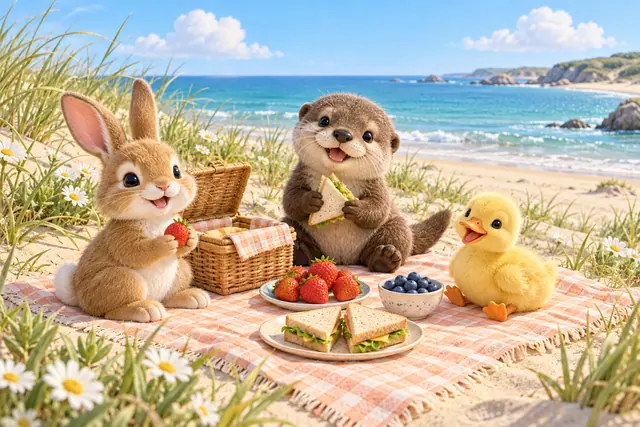 Coelho, lontra e patinho fazem piquenique na praia, com frutas e sanduíches sobre uma toalha xadrez.