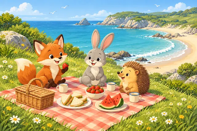 Raposinha, coelho e ouriço fazem piquenique com frutas e sanduíches em um gramado florido diante do mar.