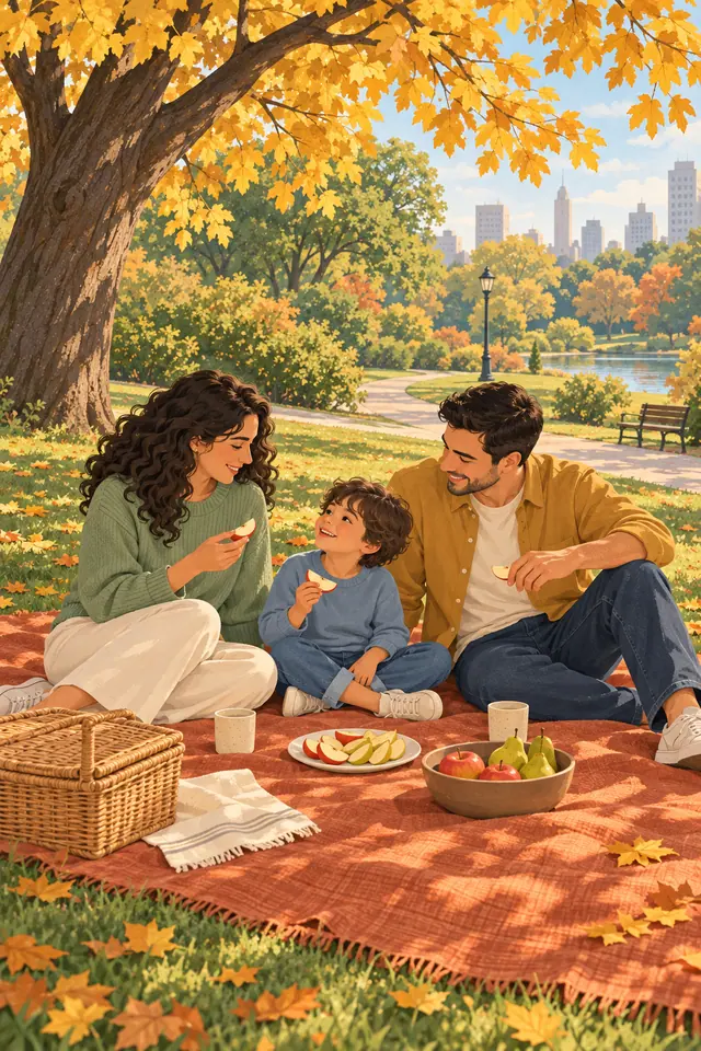 Casal e criança compartilham frutas em um piquenique sob uma árvore de folhas douradas no parque.