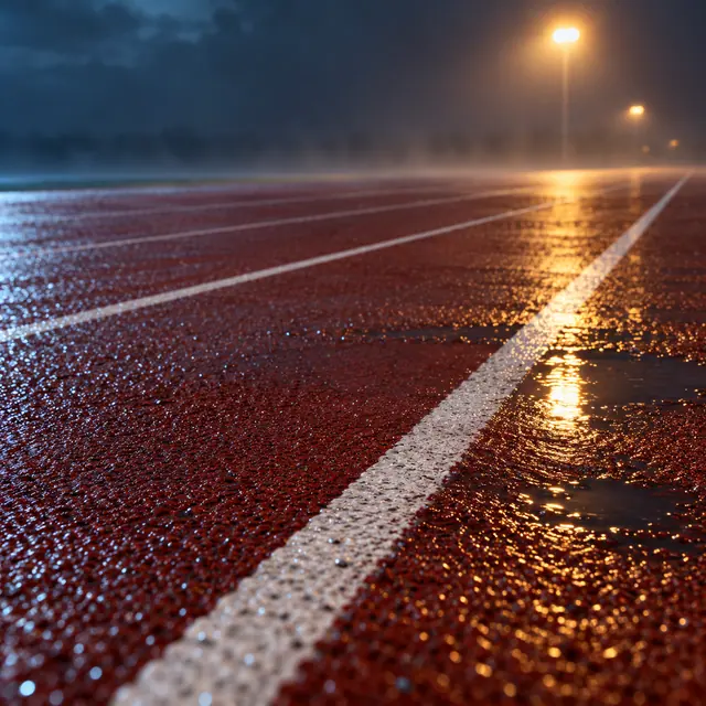 Pista de atletismo molhada à noite, com linhas brancas e reflexos dourados dos refletores sob céu escuro.