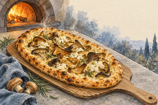 Aquarela de pizza de cogumelos e ricota sobre pá de madeira, com vapor e forno a lenha aceso ao fundo.