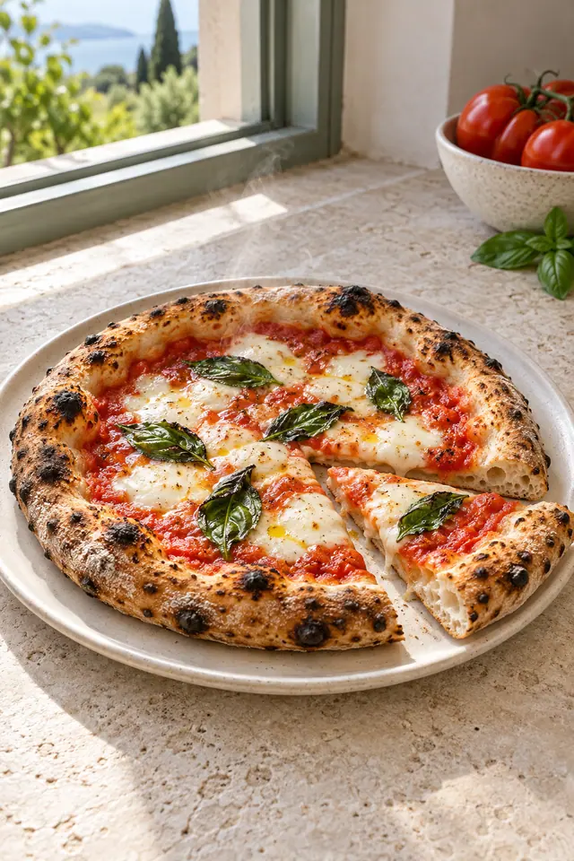 Pizza margherita com borda tostada e uma fatia separada em prato sobre bancada clara junto à janela.