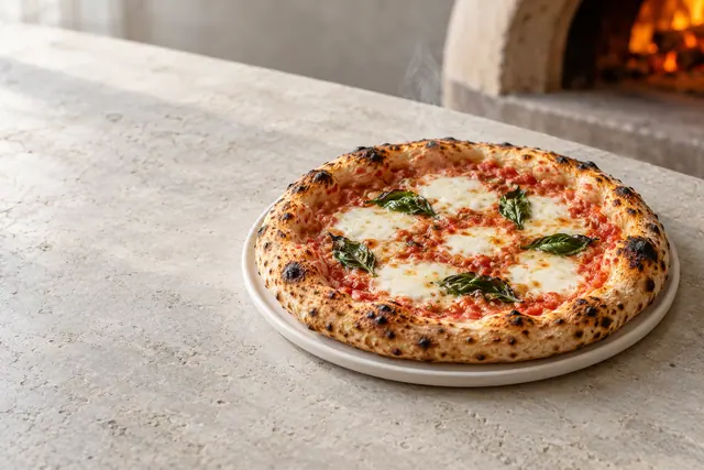 Pizza margherita fumegante em prato sobre bancada clara, com forno a lenha desfocado ao fundo e espaço livre à esquerda.