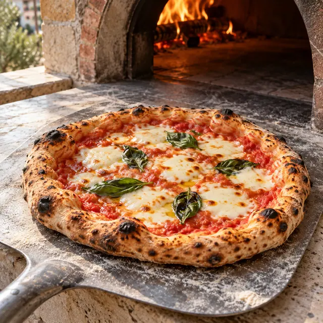 Pizza margherita sobre pá metálica enfarinhada, com borda tostada e forno a lenha aceso ao fundo.