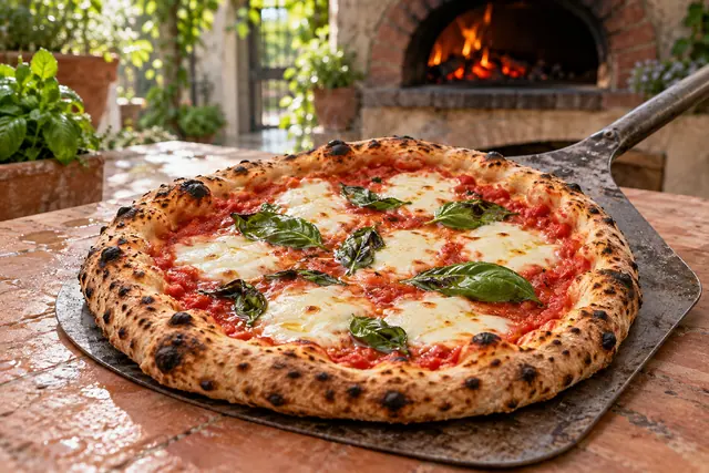 Pizza margherita sobre pá de metal em mesa de terracota, com forno a lenha aceso e plantas ao fundo.