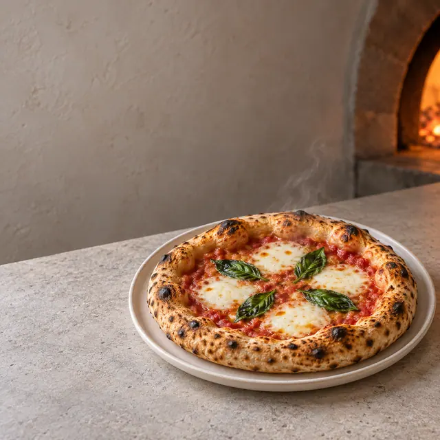 Pizza com muçarela e manjericão soltando vapor sobre prato claro, com forno a lenha ao fundo.