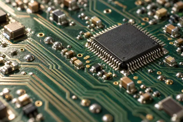Macro de chip preto em placa de circuito verde com trilhas metálicas iluminadas pela luz natural.