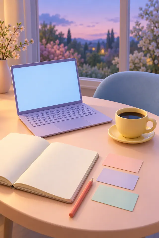Notebook lilás, café e caderno em mesa pastel junto à janela com jardim florido ao entardecer.