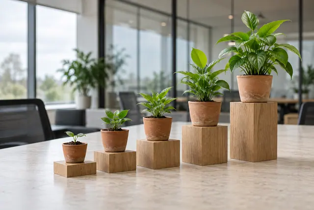Cinco plantas em vasos de terracota sobre blocos de madeira crescentes formam um gráfico em uma mesa de escritório.