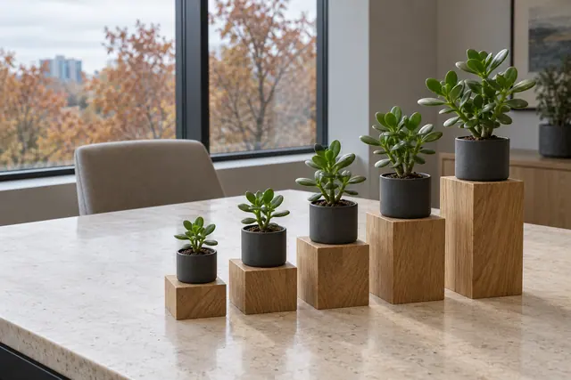 Cinco plantas-jade sobre blocos de madeira em alturas crescentes formam um gráfico em uma mesa de escritório.