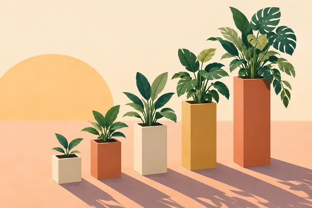 Cinco vasos com plantas em alturas crescentes formam um gráfico de crescimento sobre piso claro com sombras longas.