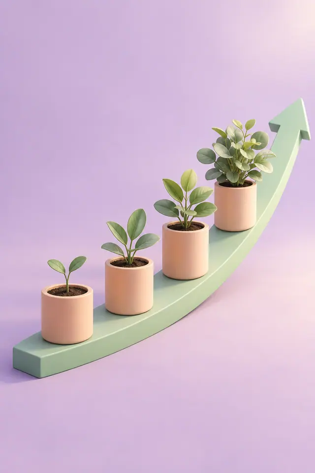 Quatro vasos com plantas de tamanhos crescentes sobre uma seta verde ascendente, em fundo lilás e estilo 3D.
