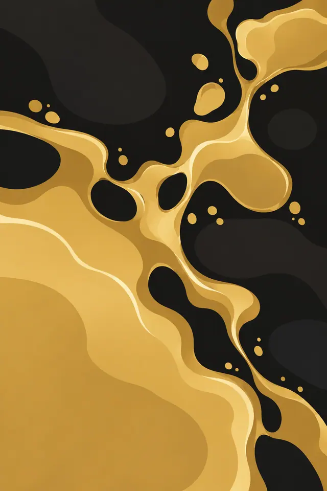 Formas de ouro líquido com contornos claros e pequenas gotas sobre fundo preto e carvão.