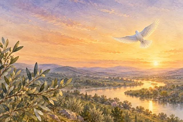 Pomba branca voa sobre rio e colinas ao entardecer dourado, com ramos de oliveira em aquarela sobre papel texturizado.