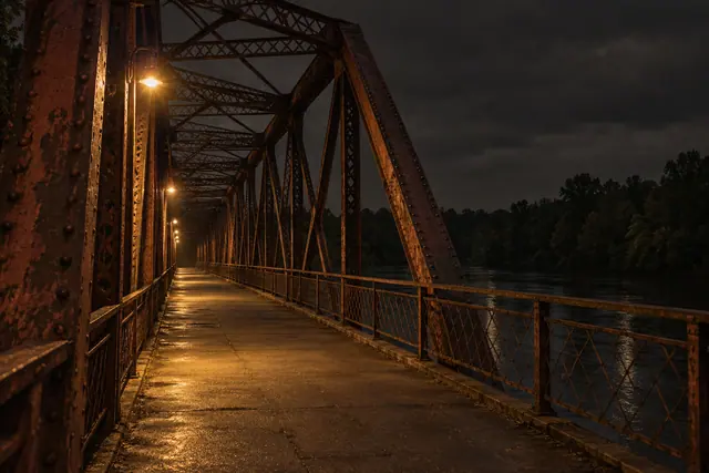 Ponte de ferro vazia à noite, iluminada por lâmpadas âmbar, com rio e árvores ao lado.
