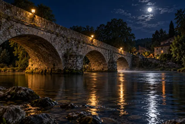 Ponte de pedra com três arcos e lanternas sobre um rio, sob a lua cheia, com casas e árvores ao fundo.