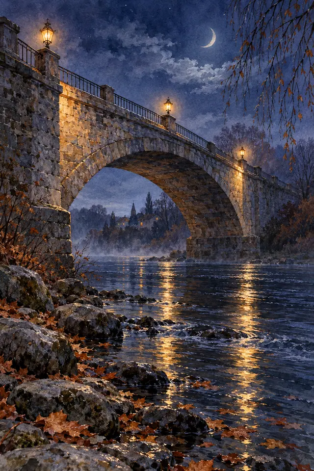 Aquarela de ponte de pedra com lanternas sobre um rio, sob a lua crescente, cercada por rochas e folhas de outono.