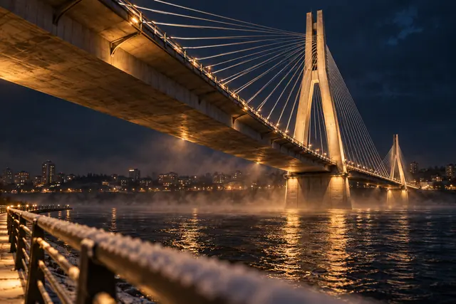 Ponte estaiada com iluminação dourada sobre rio com névoa, prédios ao fundo e corrimão desfocado em primeiro plano.