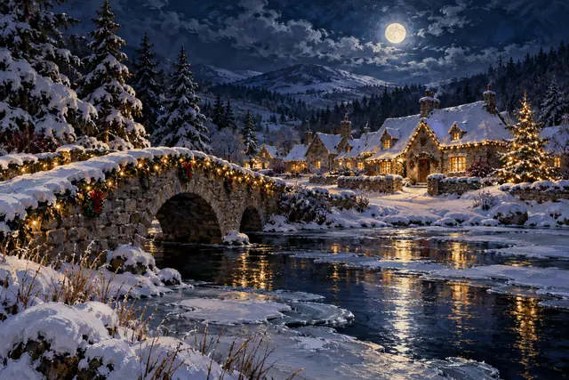 Ponte de pedra com luzes de Natal sobre riacho gelado, diante de chalés nevados e pinheiros sob a lua cheia.