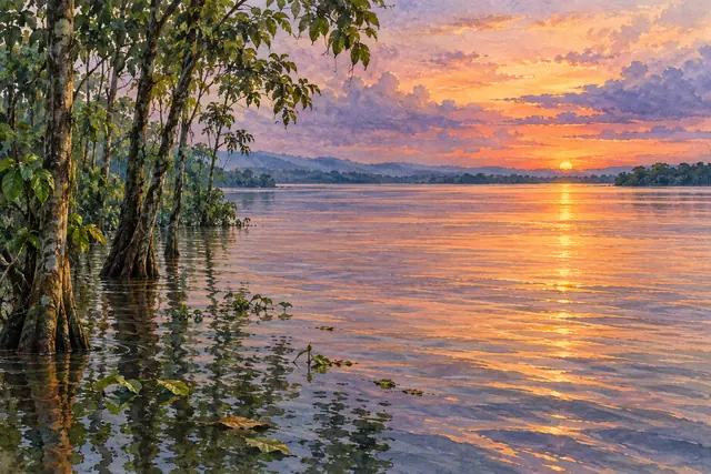 Aquarela do rio Amazonas ao pôr do sol, com reflexos dourados, céu lilás e árvores na floresta alagada.