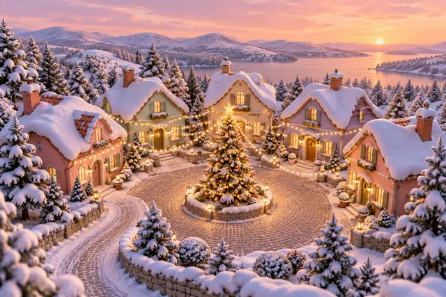 Árvore de Natal iluminada em praça nevada com casas pastel, luzes douradas e lago entre montanhas ao pôr do sol.